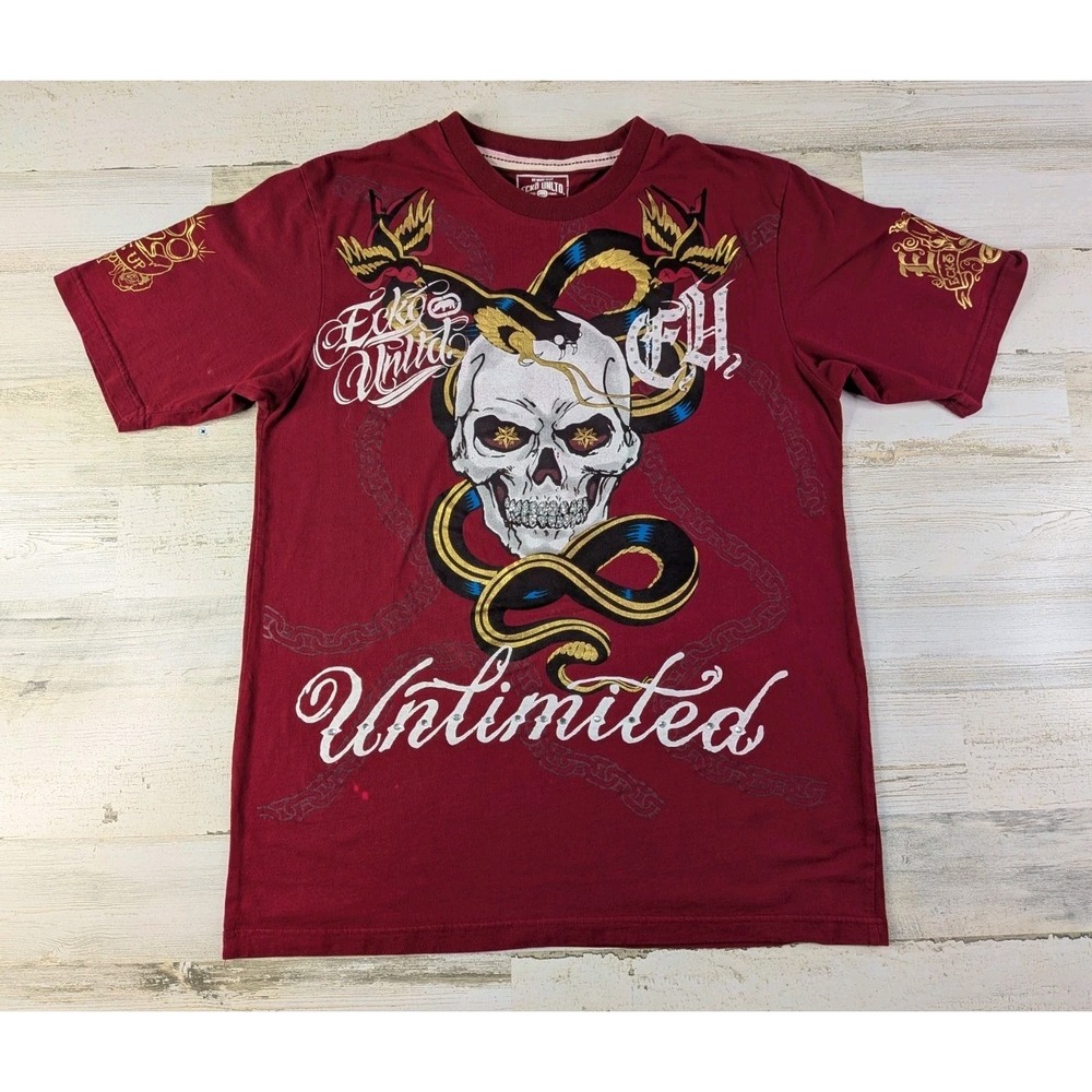 Ecko Unltd Shirt Mens Large Skull Snake Bejewelled Bling Y2K Tattoo MMA Grunge